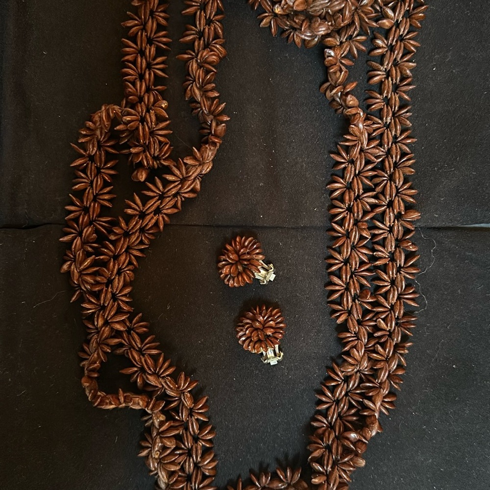 Vintage brown seeded necklace and matching clip on earrings